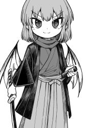 Rule 34 | 1girl, alternate costume, blush, closed mouth, greyscale, highres, japanese clothes, looking at viewer, monochrome, oninamako, remilia scarlet, scabbard, sheath, short hair, slit pupils, smile, solo, sword, touhou, weapon