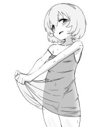 Rule 34 | 1girl, bare shoulders, blush, camisole, collarbone, dot nose, flat chest, greyscale, holding, holding clothes, holding skirt, idolmaster, idolmaster cinderella girls, idolmaster cinderella girls starlight stage, koga koharu, looking at viewer, monochrome, nishino hikoji, open mouth, see-through silhouette, short hair, simple background, skirt, smile, solo, strap slip, sweatdrop, white background