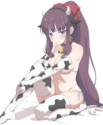 Rule 34 | 1girl, animal ears, animal print, bare shoulders, bell, bikini, black hairband, blue eyes, blunt bangs, blush, bow, breasts, brown collar, brown hair, closed mouth, collar, cow ears, cow horns, cow print, cow tail, cowbell, elbow gloves, fake animal ears, fake horns, fake tail, gloves, hair bow, hairband, highres, horns, large breasts, long hair, looking at viewer, mole, mole on breast, navel, neck bell, new game!, ponytail, print bikini, print gloves, print thighhighs, red bow, side-tie bikini bottom, simple background, sincos, sitting, solo, stomach, swimsuit, tail, takimoto hifumi, thighhighs, very long hair, white background, white bikini, white gloves, white thighhighs