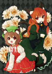 Rule 34 | 2girls, alternate hairstyle, animal ears, bell, blush, bow, brown hair, cat ears, cat girl, cat tail, chagen kokimu, chen, earrings, extra ears, female focus, flower, hair bow, hat, highres, jewelry, jingle bell, kaenbyou rin, long hair, mouth hold, multiple girls, multiple tails, pointy ears, red eyes, red hair, short hair, smile, tail, touhou