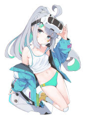 Rule 34 | 1girl, ahoge, ataruman, bandage on knee, bandaid, bandaid on cheek, bandaid on face, blue jacket, breasts, cameltoe, closed mouth, crop top, epinel (nikke), goddess of victory: nikke, green eyes, green hair, green panties, head-mounted display, highres, holding, holding skateboard, hood, hood down, hoodie, jacket, long hair, looking at viewer, midriff, multicolored hair, navel, off shoulder, open clothes, open jacket, panties, ponytail, shoes, simple background, skateboard, small breasts, sneakers, socks, solo, star sticker, sticker on face, strap slip, tank top, two-tone hair, underwear, white background, white socks, white tank top, yellow footwear