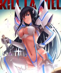 Rule 34 | 10s, 1girl, bakuzan, black hair, blue eyes, blurry, breasts, bu li, cleavage, closed mouth, copyright name, debris, depth of field, female focus, frills, from below, frown, gloves, gradient background, groin, hand on own hip, holding, holding sword, holding weapon, junketsu, kill la kill, kiryuuin satsuki, large breasts, long hair, looking down, navel, revealing clothes, solo, stomach, strap gap, sword, thighhighs, very long hair, weapon, white gloves, white thighhighs