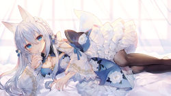 Rule 34 | 1girl, abandon ranka, animal ears, black bow, black pantyhose, blue bow, blue eyes, bow, braid, breasts, cleavage, commentary, floral print, flower, fox ears, fox tail, frills, hair between eyes, hair bow, large bow, large breasts, long hair, lying, nail polish, on side, original, pantyhose, solo, tail, white flower, wide sleeves