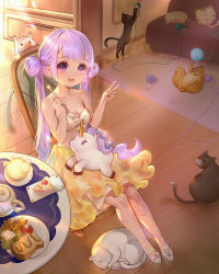 Rule 34 | 1girl, :d, absurdres, alternate costume, alternate hairstyle, azur lane, bare shoulders, breasts, cake, cat, chair, cleavage, double bun, dress, food, hair bun, highres, indoors, kneehighs, light purple hair, long hair, looking at viewer, open mouth, orry, plate, purple eyes, shoes, sitting, skirt, smile, socks, solo, strapless, strapless dress, stuffed winged unicorn, table, teapot, twintails, unicorn (azur lane), v, very long hair, white dress, white footwear, yellow skirt