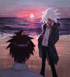 Rule 34 | 2boys, :d, akiko 141, beach, black pants, blue eyes, cloud, coat, commentary request, danganronpa (series), danganronpa 2: goodbye despair, feet out of frame, from behind, green coat, hair between eyes, hands in pockets, highres, hinata hajime, hood, hood down, hooded coat, jacket, komaeda nagito, looking at another, male focus, multiple boys, ocean, open clothes, open coat, open mouth, outdoors, pants, shirt, sky, smile, spiked hair, sunset, teeth, upper teeth only, white hair, white shirt