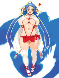 Rule 34 | 1girl, adapted uniform, blue hair, breasts, elf, heart, huge breasts, japanese clothes, midriff, miko, mugen no fantasia, nontraditional miko, panties, pointy ears, ryoji (nomura ryouji), sandals, solo, thighhighs, torn clothes, twintails, underboob, underwear, yellow eyes