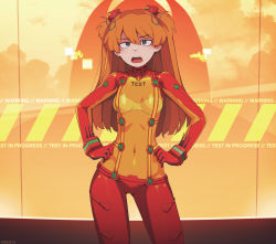 Rule 34 | 1girl, absurdres, bad id, bad pixiv id, blue eyes, bodysuit, breasts, curvy, evangelion: 2.0 you can (not) advance, hands on own hips, highres, huge filesize, long hair, looking at viewer, medium breasts, neon genesis evangelion, once 11h, open mouth, orange hair, plugsuit, rebuild of evangelion, red bodysuit, see-through, see-through bodysuit, shiny clothes, solo, souryuu asuka langley, test plugsuit, tsundere, twintails, very long hair, wide hips