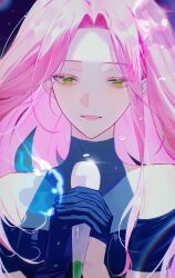 Rule 34 | 1girl, alien stage, black dress, black gloves, blush, clothing cutout, commentary, dress, gloves, green eyes, hashtag-only commentary, highres, holding, holding microphone, long hair, microphone, mizi (alien stage), parted lips, pink hair, shoulder cutout, smile, solo, tianzhongdouyi1, upper body