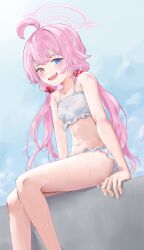 Rule 34 | 1girl, absurdres, ahoge, arm support, beads, bikini, blue archive, blush, breasts, fang, feet out of frame, frilled bikini, frills, hair beads, hair ornament, halo, heterochromia, highres, hoshino (blue archive), hoshino (swimsuit) (blue archive), long hair, looking at viewer, moruhinesan, navel, official alternate costume, petite, sitting, skin fang, small breasts, smile, solo, stomach, sweatdrop, swimsuit, twintails, very long hair, white bikini