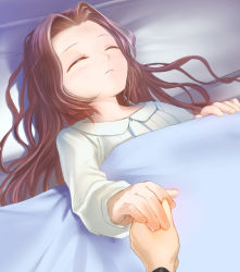 Rule 34 | 00s, 1girl, blanket, brown hair, closed eyes, code geass, holding hands, long hair, long sleeves, lying, nightgown, nunnally vi britannia, on back, on bed, out of frame, parted bangs, pillow, pov, pov hands, solo focus, uni (plastic girl)