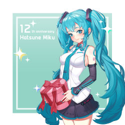 Rule 34 | 1girl, absurdly long hair, absurdres, anniversary, aqua eyes, aqua hair, artist name, artist request, bare shoulders, blue eyes, blue hair, blue nails, blue necktie, bow, box, breasts, collared shirt, dkxlek, dress shirt, female focus, floating hair, gift, gift box, grey shirt, hair between eyes, hair ornament, hatsune miku, highres, holding, holding gift, long hair, looking at viewer, medium breasts, miniskirt, nail, nail polish, necktie, parted lips, pleated skirt, shirt, sideboob, skirt, sleeveless, sleeveless shirt, smile, solo, sparkle, thighhighs, twintails, very long hair, vocaloid, wing collar, zettai ryouiki