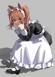 Rule 34 | 1girl, :p, alternate costume, angelina (arknights), animal ears, apron, arknights, black dress, black footwear, brown hair, dress, ear piercing, enmaided, extra ears, fox ears, frilled apron, frills, full body, grey background, hands on own chin, highres, invisible chair, leaning forward, long hair, long sleeves, maid, maid headdress, piercing, red eyes, rosehip t72, shoes, simple background, sitting, solo, tongue, tongue out, twintails, white apron