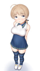 Rule 34 | :o, absurdres, ahoge, arms behind back, bare arms, blonde hair, blue dress, blue eyes, blue legwear, braid, breasts, dress, highres, large breasts, lynette bishop, open mouth, pleated dress, sc naru, shirt, shoes, short dress, simple background, sleeveless, sleeveless shirt, standing, strike witches, striped legwear, thighhighs, white background, white footwear, white shirt, world witches series, zettai ryouiki