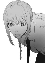 Rule 34 | 1girl, black necktie, black pants, breasts, chainsaw man, collared shirt, formal, greyscale, highres, leaning forward, looking at viewer, makima (chainsaw man), medium hair, monochrome, necktie, open mouth, pants, ringed eyes, ryokucha (i cobalt), shirt, short hair, simple background, solo, white background, wide-eyed