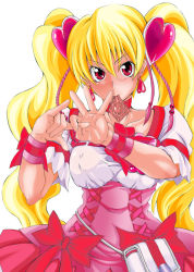 Rule 34 | 00s, 1girl, blonde hair, blush, bow, breasts, choker, collarbone, condom, condom in mouth, cure peach, earrings, fresh precure!, hair ornament, heart, heart hair ornament, jewelry, large breasts, long hair, magical girl, momozono love, mouth hold, penetration gesture, pink bow, pouch, precure, red eyes, sexually suggestive, shirantakashi, simple background, solo, twintails, white background, wristband