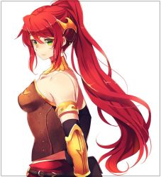 Rule 34 | 1girl, armor, bare shoulders, breasts, elbow gloves, from side, gloves, green eyes, hair ornament, jewelry, long hair, looking at viewer, mohuta1203, ponytail, pyrrha nikos, red hair, rwby, smile, solo, swept bangs, vambraces