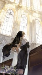 Rule 34 | 1girl, bird, black dress, bokyo, capelet, cathedral, dress, dutch angle, from behind, gloves, habit, highres, light brown hair, nijisanji, nun, parted bangs, praying, ribbon, sister claire, sister claire (1st costume), solo, virtual youtuber, white capelet, white gloves, white ribbon