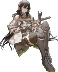 Rule 34 | 1girl, absurdres, assault rifle, black hair, boots, cheogtanbyeong, closed mouth, cosplay, dandelion (girls&#039; frontline), girls&#039; frontline, gloves, green hair, gun, hair between eyes, hair ornament, headphones, highres, holding, holding gun, holding weapon, invisible chair, jacket, leotard, long hair, looking at viewer, m4 carbine, m4a1 (girls&#039; frontline), m4a1 (girls&#039; frontline) (cosplay), multicolored hair, ribbed leotard, rifle, scarf, simple background, sitting, smile, solo, streaked hair, thighhighs, very long hair, weapon, white background, white jacket, yellow eyes