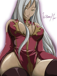 Rule 34 | 00s, 1girl, breasts, center opening, china dress, chinese clothes, cleavage cutout, clothing cutout, code geass, dark-skinned female, dark skin, dress, elbow gloves, gloves, grey hair, halterneck, halterneck, hanafusa itsuki, large breasts, long hair, solo, thighhighs, villetta nu