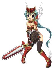 Rule 34 | 10s, 1girl, aqua hair, armor, bikini armor, blue eyes, boots, chainsaw sword, curvy, female focus, highleg, highleg leotard, highres, holding, holding sword, holding weapon, leotard, long hair, looking at viewer, mirim, official art, ponytail, queen&#039;s blade, queen&#039;s blade rebellion, revealing clothes, shield, shiny skin, smile, solo, sword, thighhighs, thong leotard, tsurugi hagane, weapon, white leotard, wide hips