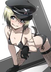 Rule 34 | 1girl, absurdres, ass, black bra, black gloves, black panties, blue eyes, blush, bra, breasts, cleavage, dog tail, embarrassed, erica hartmann, fishnet thighhighs, fishnets, gloves, hat, highres, looking at viewer, military hat, open mouth, panties, small breasts, solo, strike witches, tail, thighhighs, tokiani, underwear, world witches series