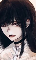 Rule 34 | 1girl, black choker, choker, closed mouth, grey eyes, highres, hoshi san 3, lipstick, long hair, looking at viewer, makeup, original, pointy ears, portrait, red lips, shirt, solo, upper body, white shirt