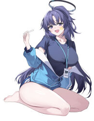 Rule 34 | 1girl, absurdres, blue archive, blue buruma, blue jacket, buruma, elinnasky, full body, gym shirt, gym uniform, halo, highres, holding, holding pen, id card, jacket, jacket partially removed, mechanical halo, official alternate costume, partially unzipped, pen, purple eyes, purple hair, red pupils, shirt, simple background, solo, star sticker, sticker on face, thick thighs, thighs, track jacket, white background, yuuka (blue archive), yuuka (track) (blue archive)