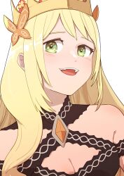 Rule 34 | 1girl, bare shoulders, blonde hair, breasts, butterfly hair ornament, celine (fire emblem), cleavage, crown, fcgc (friedalwaysgood), fire emblem, fire emblem engage, flower, green eyes, hair flower, hair ornament, highres, long hair, looking at viewer, nintendo, open mouth, small breasts, teeth, upper body, upper teeth only, white background