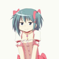 Rule 34 | 1girl, alternate hairstyle, animated, animated gif, blue eyes, blue hair, blush, bouncing breasts, bow, breasts, choker, cleavage, collarbone, cosplay, gloves, hair bow, hangaku, kaname madoka, kaname madoka (cosplay), mahou shoujo madoka magica, mahou shoujo madoka magica (anime), matching hair/eyes, miki sayaka, one eye closed, open mouth, small breasts, solo, talking, twintails, white background, white gloves