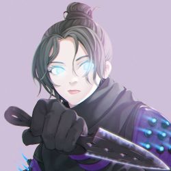 Rule 34 | 1girl, anemia kwus, animification, apex legends, black bodysuit, black gloves, black scarf, bodysuit, gloves, glowing, glowing eyes, hair behind ear, hair bun, highres, holding, holding knife, knife, kunai, looking to the side, parted bangs, portrait, purple background, scarf, single hair bun, solo, weapon, wraith&#039;s kunai, wraith (apex legends)