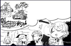 Rule 34 | !, 10s, 4girls, assam (girls und panzer), bad id, bad twitter id, bangs pinned back, chibi, closed eyes, comic, commentary request, cup, darjeeling (girls und panzer), girls und panzer, greyscale, hair ribbon, hair up, m3 lee, military, military vehicle, monochrome, motor vehicle, multiple girls, necktie, open mouth, orange pekoe (girls und panzer), parted bangs, ribbon, rosehip (girls und panzer), school uniform, silhouette, sky, smile, sweater, tank, teacup, text focus, torichamaru, translation request