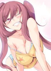 Rule 34 | 1girl, bare shoulders, bent over, bikini, breasts, cleavage, female focus, grin, large breasts, long hair, looking at viewer, one eye closed, original, pink eyes, polka dot, polka dot bikini, polka dot swimsuit, raised eyebrows, red hair, smile, solo, swimsuit, tank top, twintails, usyuuri, very long hair, wink
