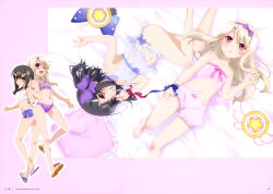 Rule 34 | 2girls, ;d, absurdres, barefoot, bed sheet, bikini, black hair, blonde hair, blue panties, blue ribbon, bow, brown eyes, collarbone, copyright name, fate/kaleid liner prisma illya, fate/stay night, fate (series), feet, flat chest, frilled panties, frills, from above, full body, hair bow, hair ornament, hairband, hairclip, highres, illyasviel von einzbern, locked arms, long hair, looking at viewer, lying, miyu edelfelt, multiple girls, navel, on back, on side, one eye closed, open mouth, page number, panties, parted lips, pink bow, pink shorts, purple bikini, purple bow, purple hairband, red eyes, red ribbon, ribbon, see-through, shiny skin, short shorts, shorts, smile, stomach, strapless, swimsuit, toes, underwear, underwear only, white bikini, wrist cuffs, wrist ribbon