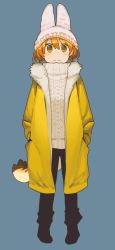 Rule 34 | 10s, 1girl, animal ears, animal hat, aran sweater, beanie, black pants, blue background, blush, brown eyes, brown hair, cable knit, closed mouth, coat, commentary request, full body, fur-trimmed coat, fur trim, hair between eyes, hands in pockets, hat, highres, kasa list, kemono friends, long sleeves, open clothes, open coat, pants, serval (kemono friends), serval tail, simple background, smile, solo, standing, sweater, tail, turtleneck, turtleneck sweater, white hat, white sweater, yellow coat