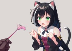 Rule 34 | 1girl, 1other, ^^^, afterimage, animal ear fluff, animal ears, bad id, bad pixiv id, bare shoulders, black hair, black sleeves, blush, bow, breasts, cat ears, cat girl, cat tail, cat teaser, detached sleeves, green eyes, grey background, hair between eyes, hair bow, holding, karyl (princess connect!), long hair, long sleeves, looking at viewer, low twintails, multicolored hair, open mouth, princess connect!, purple bow, shirt, simple background, sleeveless, sleeveless shirt, small breasts, streaked hair, sweat, tail, tamariyazuna, twintails, v-shaped eyebrows, very long hair, wavy mouth, white hair, white shirt, wide sleeves