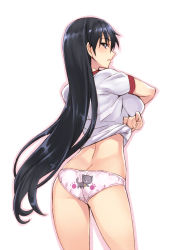 Rule 34 | 1girl, animal print, ass, azumanga daiou, bad id, black eyes, black hair, blush, breasts, cat panties, cat print, clothes lift, from behind, gym uniform, highres, large breasts, long hair, looking at viewer, looking back, matsuryuu, no pants, outline, panties, parted lips, paw print, pink panties, print panties, sakaki (azumanga daioh), shirt lift, simple background, solo, underwear, undressing, very long hair, white background
