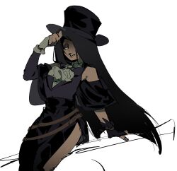 Rule 34 | 1other, ascot, asymmetrical gloves, asymmetrical sleeves, bare shoulders, belt, black hair, eyeshadow, fingerless gloves, gloves, guilty gear, guilty gear strive, hat, highres, long hair, makeup, other focus, sanshiori, smile, solo, straight hair, testament (guilty gear), top hat, white ascot