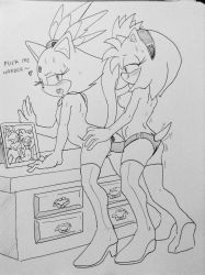 Rule 34 | 2girls, amy rose, anal, anal object insertion, blaze the cat, boots, couple, dildo, drawer, drooling, english text, furry, furry female, half-closed eyes, happy sex, heart, highres, monochrome, motion lines, multiple girls, object insertion, picture frame, randomguy999, sex, sex from behind, sex toy, sonic (series), spoken heart, standing, standing sex, strap-on, sweat, tongue, tongue out, traditional media, vaginal, vaginal object insertion, yuri
