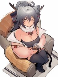 Rule 34 | 1girl, absurdres, animal ears, arknights, armchair, bandeau, bare shoulders, black thighhighs, breasts, cat ears, chair, cleavage, commentary, cup, distr, fake antlers, grey hair, highres, holding, holding cup, hot chocolate, jacket, large breasts, long hair, long sleeves, looking at viewer, mug, off shoulder, official alternate costume, pink jacket, ponytail, scarf, schwarz (arknights), schwarz (presents) (arknights), simple background, sitting, smile, solo, strapless, thighhighs, tube top, white background, white scarf, yellow eyes