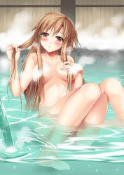 Rule 34 | 10s, 1girl, asuna (sao), bad id, bad nicoseiga id, barefoot, bathing, blush, breasts, brown eyes, brown hair, censored, censored nipples, completely nude, convenient censoring, covering privates, covering breasts, feet, hair over breasts, half updo, holding, holding hair, knees together feet apart, large breasts, legs, long hair, long legs, nude, onsen, partially submerged, sitting, solo, sousouman, sword art online, water, wet