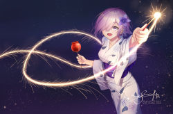 Rule 34 | 1girl, alternate costume, arm up, artist name, breasts, candy apple, commentary request, fate/grand order, fate (series), fireworks, flower, food, hair flower, hair ornament, hair over one eye, holding, holding food, japanese clothes, kimono, leaf print, light trail, long sleeves, mash kyrielight, medium breasts, obi, outstretched arm, print kimono, purple background, purple eyes, purple flower, purple hair, sash, short hair, signature, simple background, skyrail, solo, sparkler, white kimono, wide sleeves, yukata