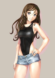 Rule 34 | 1girl, blue eyes, breasts, brown hair, competition swimsuit, contrapposto, cowboy shot, denim, denim shorts, grey background, grin, hand on own hip, highleg, highleg swimsuit, katahira masashi, looking at viewer, medium breasts, one-piece swimsuit, original, short shorts, shorts, simple background, smile, solo, standing, swimsuit, swimsuit under clothes