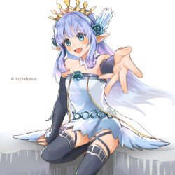 Rule 34 | 1girl, :d, bare shoulders, blue eyes, blue hair, breasts, detached sleeves, dragalia lost, dress, flower, hair flower, hair ornament, highres, lily (granblue fantasy), looking at viewer, open mouth, outstretched hand, po pooch, pointy ears, short dress, sitting, small breasts, smile, solo, strapless, strapless dress, thighhighs, tiara, twitter username, white background, white dress