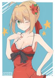 Rule 34 | 1girl, ;), ahoge, artist name, blonde hair, blue background, blush, braid, breasts, casual, cbgb, cleavage, closed mouth, collarbone, commentary request, dress, fate/extra, fate (series), flower, french braid, frilled dress, frills, green eyes, hair bun, hair flower, hair intakes, hair ornament, hair ribbon, hand on own hip, hand on own chest, highres, light blush, looking at viewer, medium breasts, nero claudius (fate), nero claudius (fate) (all), nero claudius (fate/extra), official alternate costume, one eye closed, outside border, red dress, red ribbon, ribbon, short hair, sidelocks, signature, single hair bun, smile, solo, spaghetti strap, standing, star (symbol), upper body