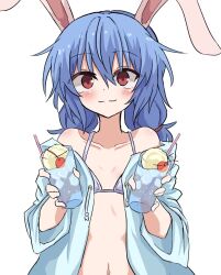 Rule 34 | 1girl, animal ears, bare shoulders, bikini, blue hair, collarbone, commentary request, cup, drinking straw, food, hair between eyes, hair tie, hands up, holding, holding cup, ice, ice cream, ice cream float, ice cube, light blush, looking at viewer, mifutatsu, navel, ponytail, rabbit ears, rabbit girl, red eyes, seiran (touhou), simple background, smile, solo, swimsuit, touhou, twintails, white background