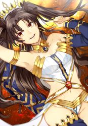 Rule 34 | 1girl, 2f sq, :d, armlet, bare arms, bare shoulders, black detached sleeves, breasts, brown hair, crown, detached sleeves, earrings, fate/grand order, fate (series), female focus, gem, hair ribbon, hoop earrings, ishtar (fate), ishtar (fate), jewelry, long hair, lying, navel, neck, on back, open mouth, pelvic curtain, revealing clothes, ribbon, round teeth, single sleeve, single thighhigh, smile, solo, strapless, teeth, thighhighs, thighlet, tohsaka rin, two side up, type-moon, yellow eyes
