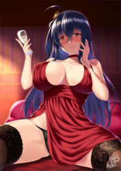 Rule 34 | 1girl, ahoge, azur lane, black hair, black panties, black thighhighs, blush, breasts, butter-t, choker, cleavage, collarbone, covered erect nipples, cup, dress, drinking glass, earrings, hair between eyes, hair ornament, hand on own cheek, hand on own face, jewelry, lace, lace-trimmed legwear, lace trim, large breasts, long hair, looking at viewer, official alternate costume, panties, pantyshot, red dress, side slit, signature, sitting, sleeveless, sleeveless dress, smile, solo, spread legs, straight hair, taihou (azur lane), taihou (forbidden feast) (azur lane), thighhighs, underwear, wine glass