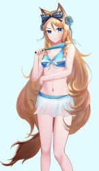 Rule 34 | 1girl, absurdres, animal ears, arknights, bare arms, bare legs, bare shoulders, bikini, black bow, blonde hair, blue background, blue bikini, blue eyes, bow, breasts, cat ears, cat tail, commentary request, feet out of frame, folding fan, hair between eyes, hair bow, hand fan, highres, holding, holding fan, iris (arknights), long hair, looking at viewer, namonaki yuchan, navel, simple background, small breasts, solo, standing, stomach, swimsuit, tail, thighs, very long hair