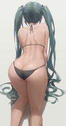 Rule 34 | 1girl, absurdres, all fours, ass, back, bikini, black bikini, butt crack, duplicate, free style (yohan1754), from behind, green hair, grey background, hair ornament, halterneck, hatsune miku, highres, kneepits, long hair, simple background, solo, string bikini, swimsuit, thighs, twintails, very long hair, vocaloid