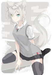 Rule 34 | absurdres, animal ear fluff, animal ears, aqua eyes, arm behind back, between legs, black bow, black bowtie, black thighhighs, bow, bowtie, collared shirt, earrings, extra ears, full body, grey hair, grey sweater vest, grey thighhighs, hand between legs, heterochromia, highres, jewelry, looking at viewer, miniskirt, original, pleated skirt, shirt, shoes, short hair, short sleeves, sitting, skirt, solo, sumishi (sumisi 3), sweater vest, tail, tail raised, thighhighs, wariza, white shirt, yellow eyes, zettai ryouiki, ||/